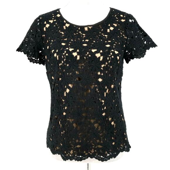 Talbots Top Petites 6P Black Lace Beige Lining Side Zip Blouse Dark Romantic - Picture 1 of 14
